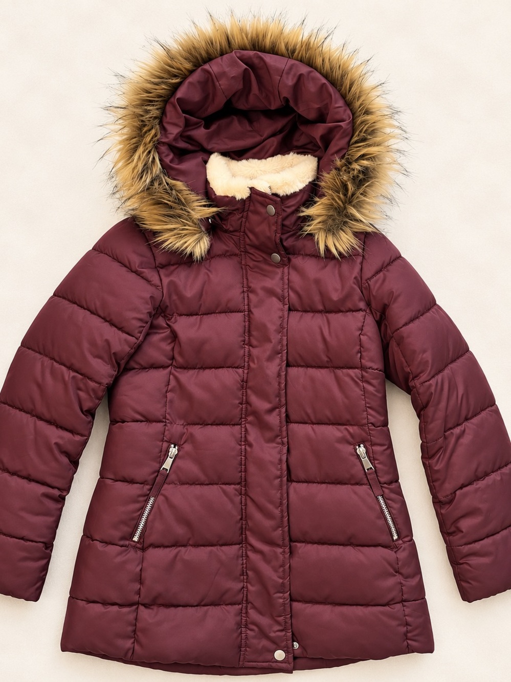 H&M Girls Quilted Hooded Puffer with Faux Fur Trim / Youth Girls Outerwear/ Fall